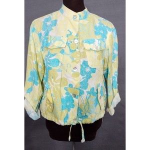 Ruby Rd. Womens Sz‎ 6 Top Light Jacket Blue Green Button Roll Tab Linen Blend